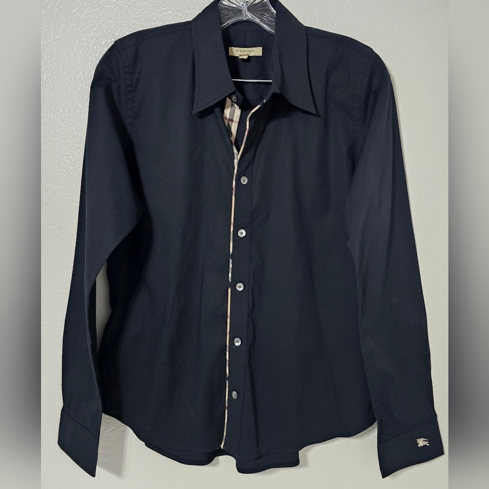 Burberry London Black Nova Check Button Down Shirt M Cotton Stretch Designer - Picture 2 of 9